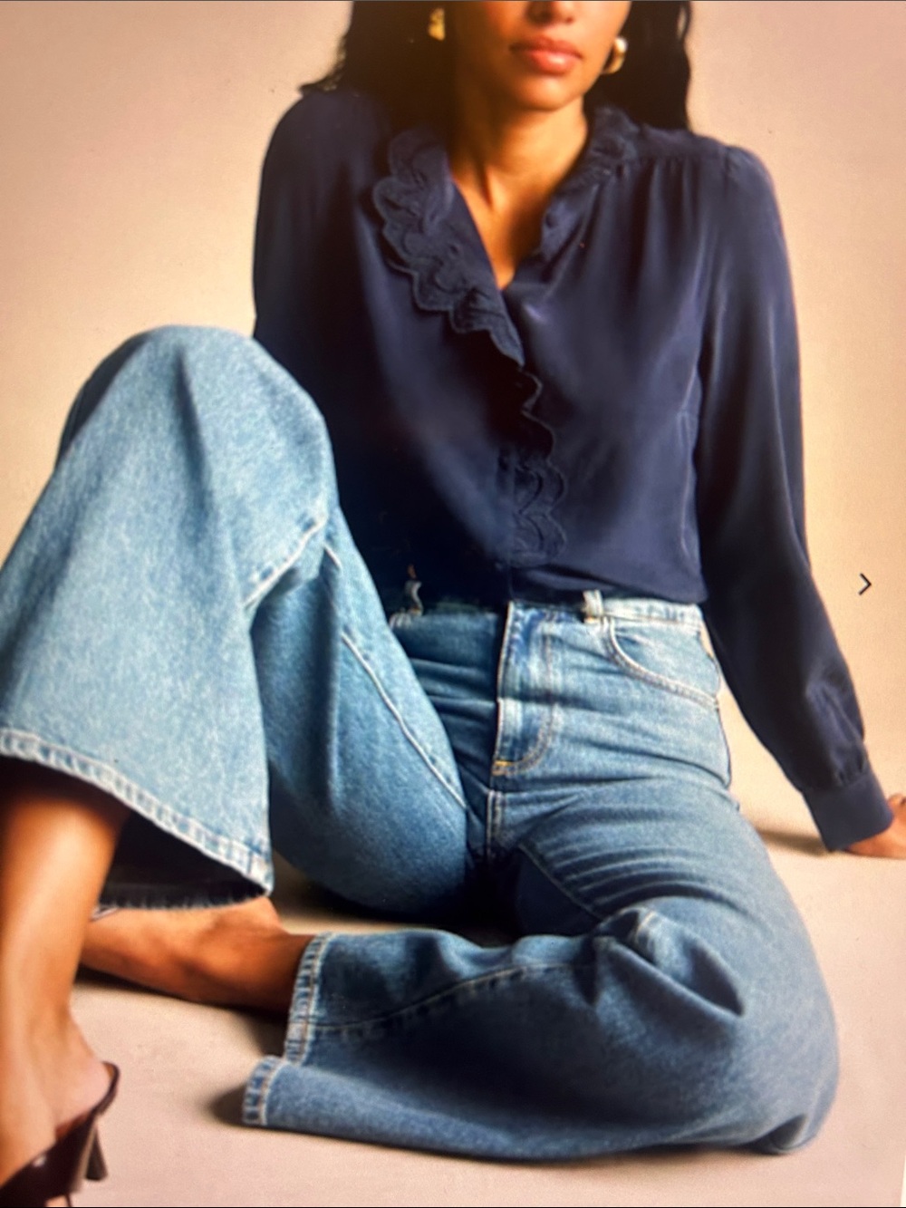 Sezane Chlo Navy Embroidered Ruffle Button Front Blouse - Picture 6 of 6